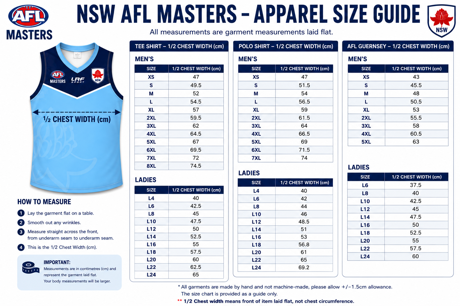 NSW AFL Masters apparel size guide showing 1/2 chest width measurements for tee shirts, polo shirts and AFL guernseys in men's and ladies' sizes